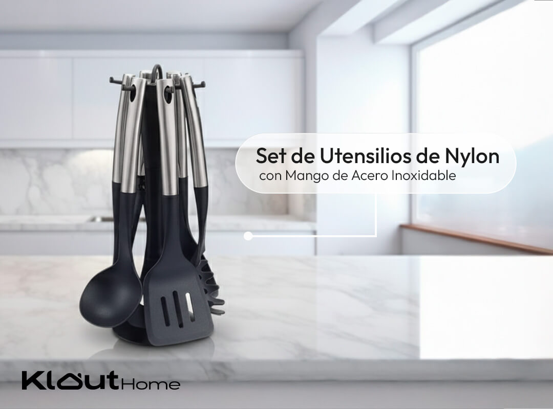 Set de Utensilios de Nylon con Mango de Acero Inoxidable