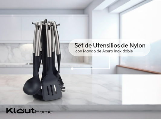 Set de Utensilios de Nylon con Mango de Acero Inoxidable