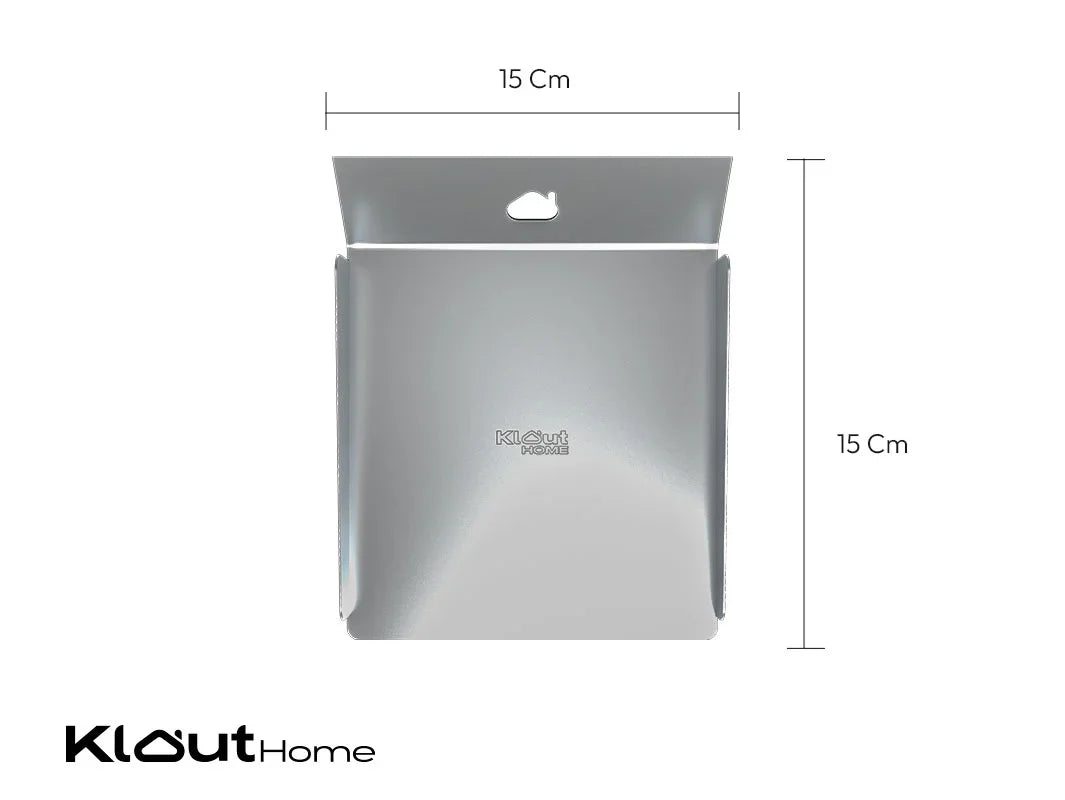 Caja metálica plateada de 15x15 cm para cocina, vista frontal con medidas visibles.