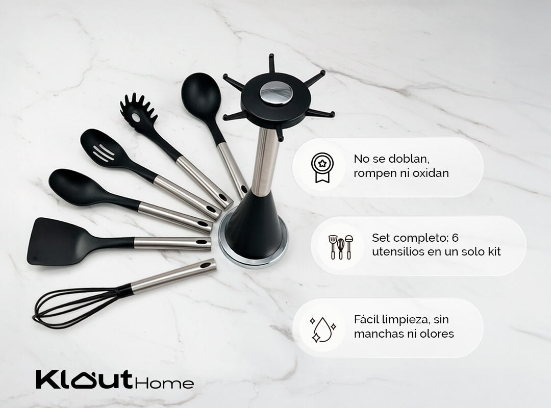 Set de Utensilios de Nylon con Mango de Acero Inoxidable