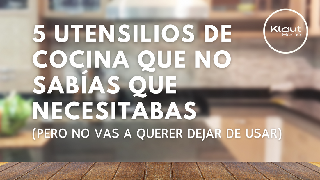 Encimera de cocina moderna con texto sobre utensilios esenciales y fondo desenfocado