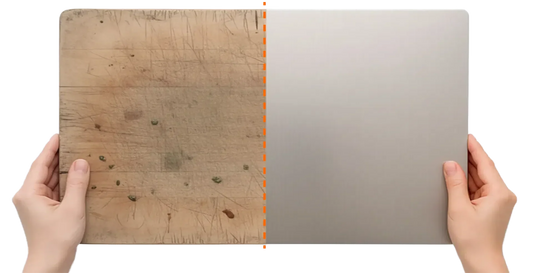 Comparación de tablas de cortar: una de madera desgastada y otra de superficie lisa y nueva.